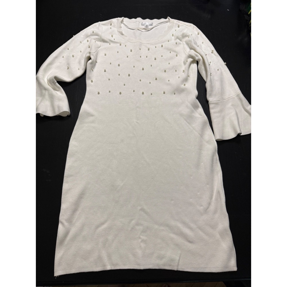 London Times White Pearl Embellished Bell Sleeve Sweater Dress XL